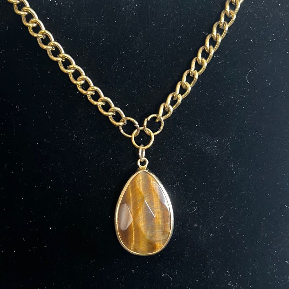 Handcrafted brown stone pendant on 15 inch gold tone chain w/ built in extender